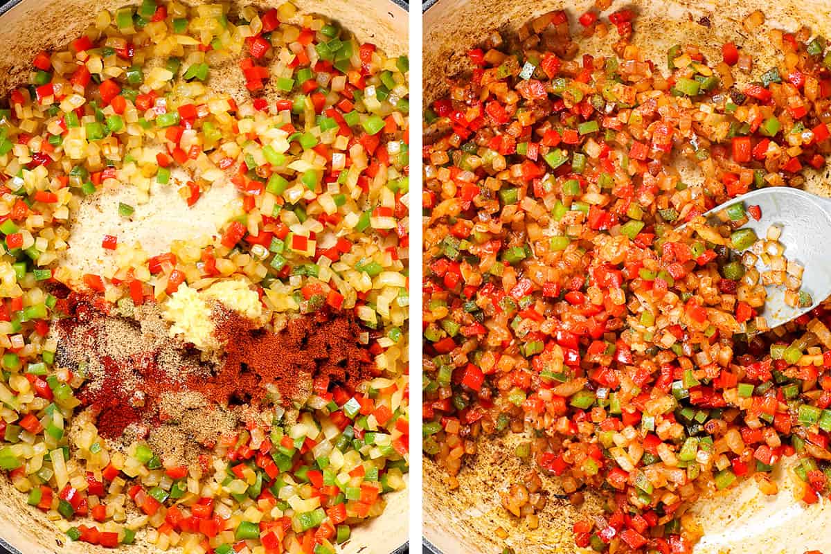 a collage showing how to make shakshuka by sautéing garlic and spices  