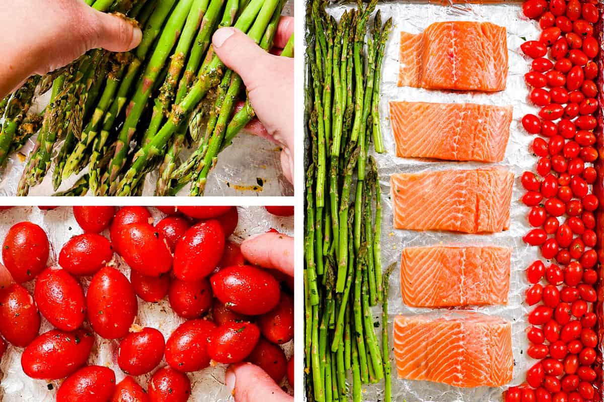 showing how to make baked salmon in the oven by lining salmon down the center of a baking sheet with tomatoes and asparagus on the sides 