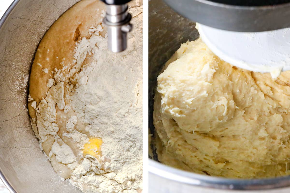 a collage showing how to make beignets recipe by combining flour, eggs, evaporated milk, then mixing until kneaded