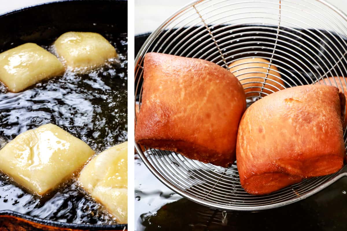 a collage showing how to make beignets recipe by frying until deeply golden
