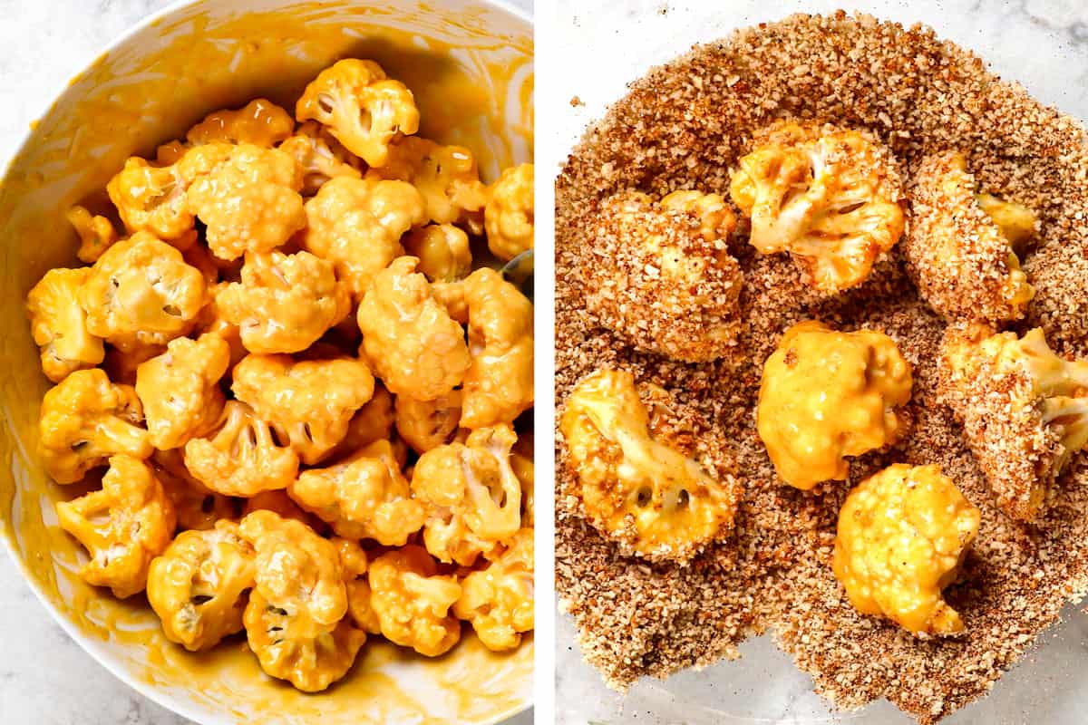 a collage showing how to make buffalo cauliflower wings by coating in batter, then dredging in breading