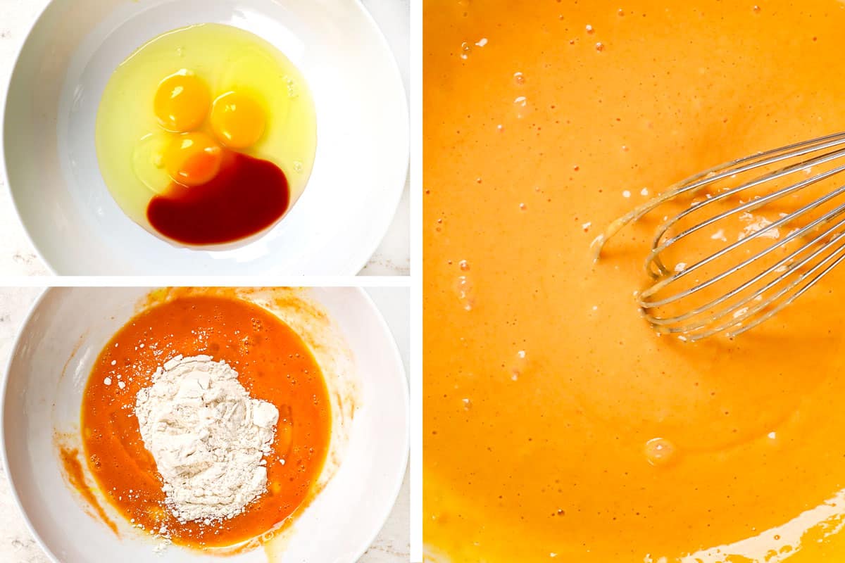 a collage showing how to make buffalo cauliflower recipe by whisking batter ingredients together: eggs, buffalo hot sauce and flour
