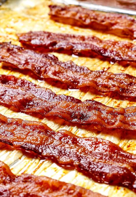 up close of oven bacon cooked until crispy