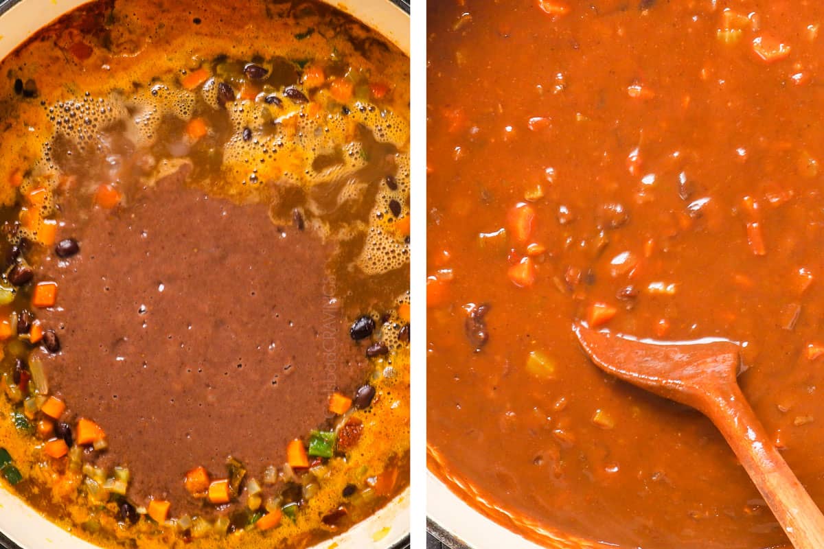 a collage showing how to make black bean soup by adding pureed beans to the pot and simmering until thickened