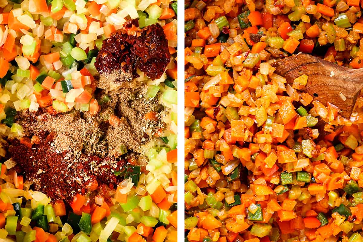 a collage showing how to make black bean soup by adding spices, then blooming them by sautéing in oil 