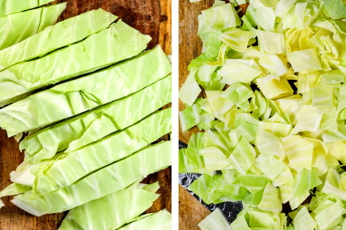 showing how to make colcannon by chopping cabbage into 1-inch pieces