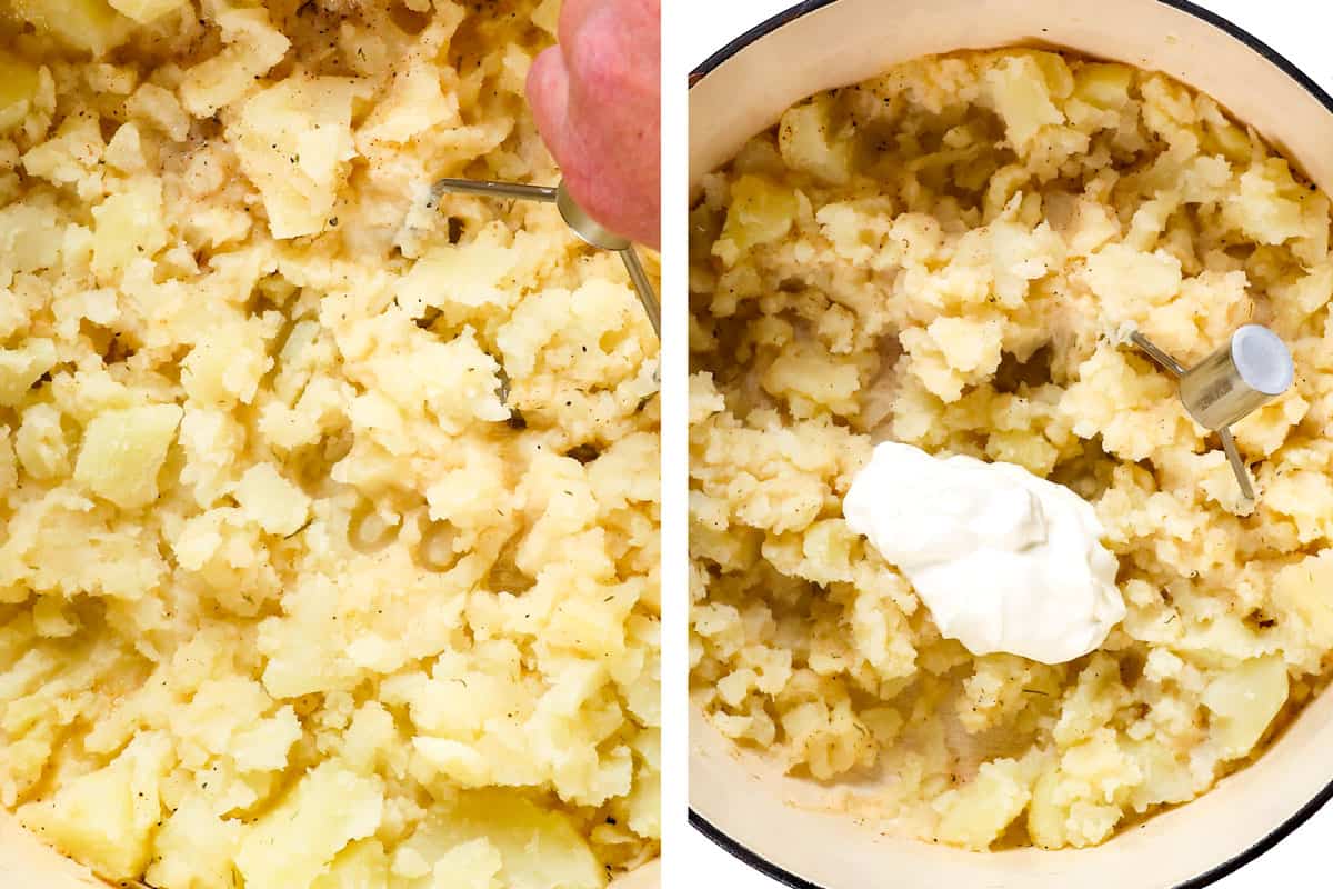 showing how to make colcannon by mashing potatoes, then mashing in sour cream