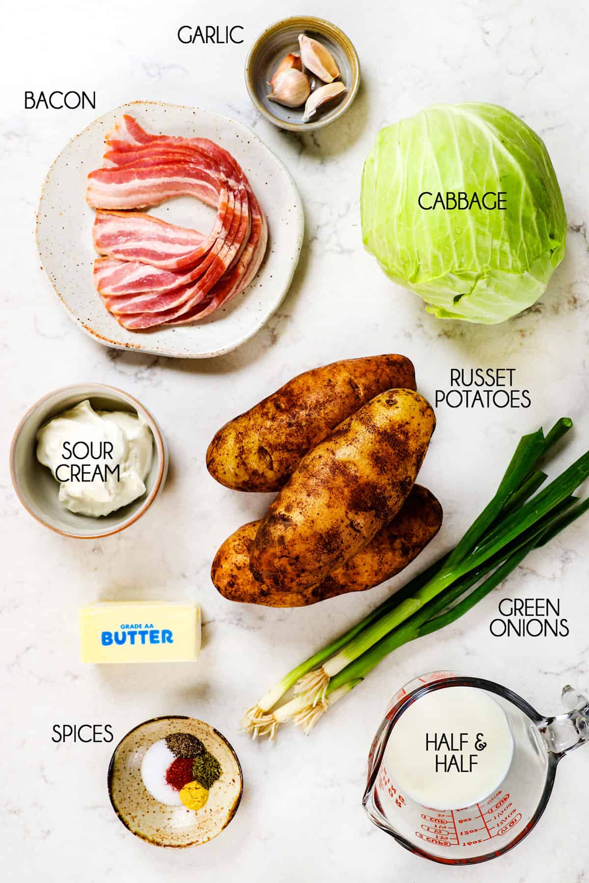 top view showing colcannon ingredients to make the recipe