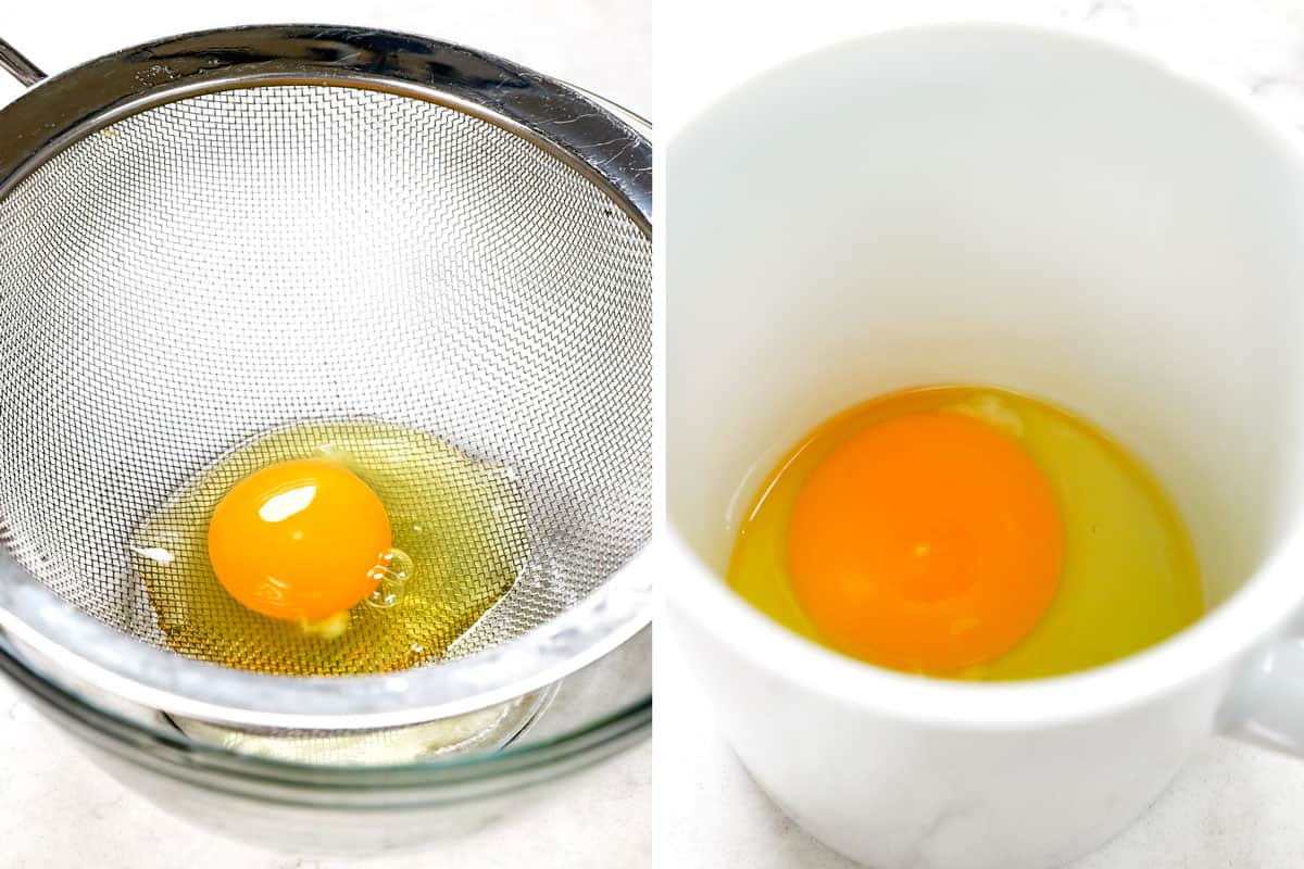 a collage showing how to make Eggs Benedict benedict by cracking eggs into a fine mesh sieve, then transferring to a cup