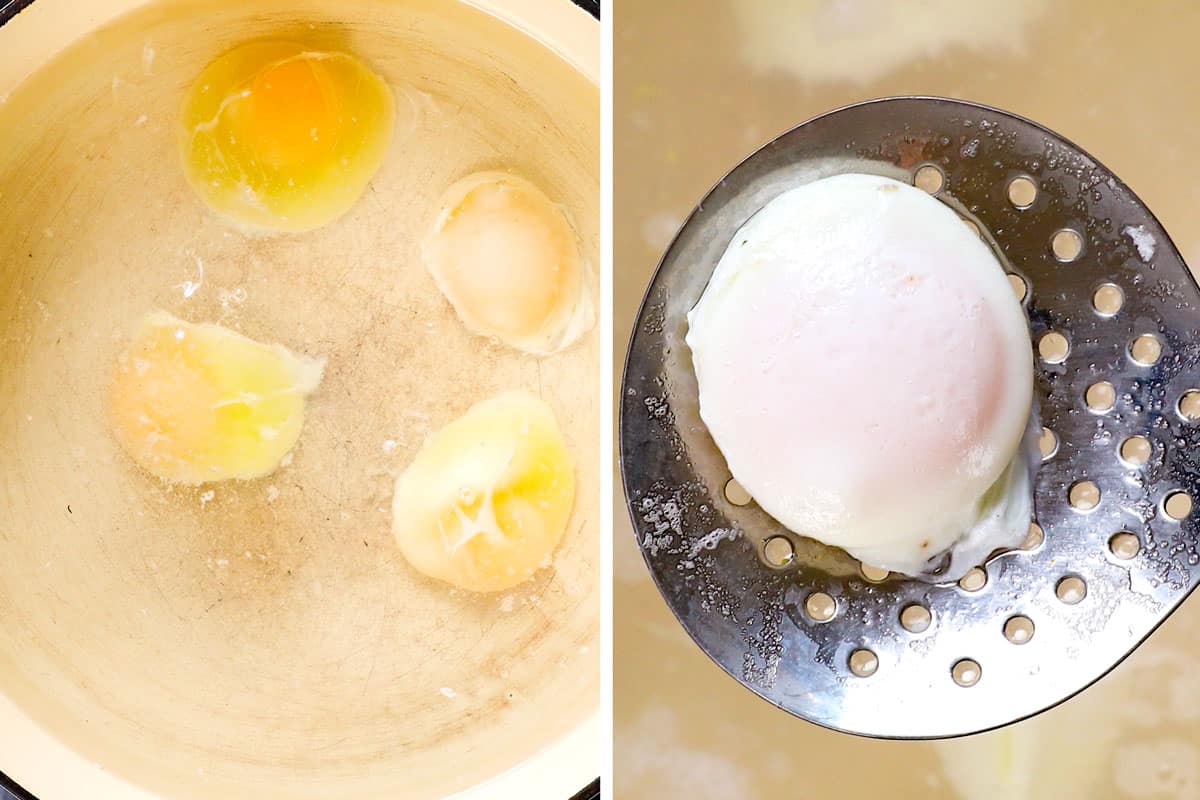 a collage showing how to make Eggs Benedict by poaching eggs in water, then removing with a slotted spoon