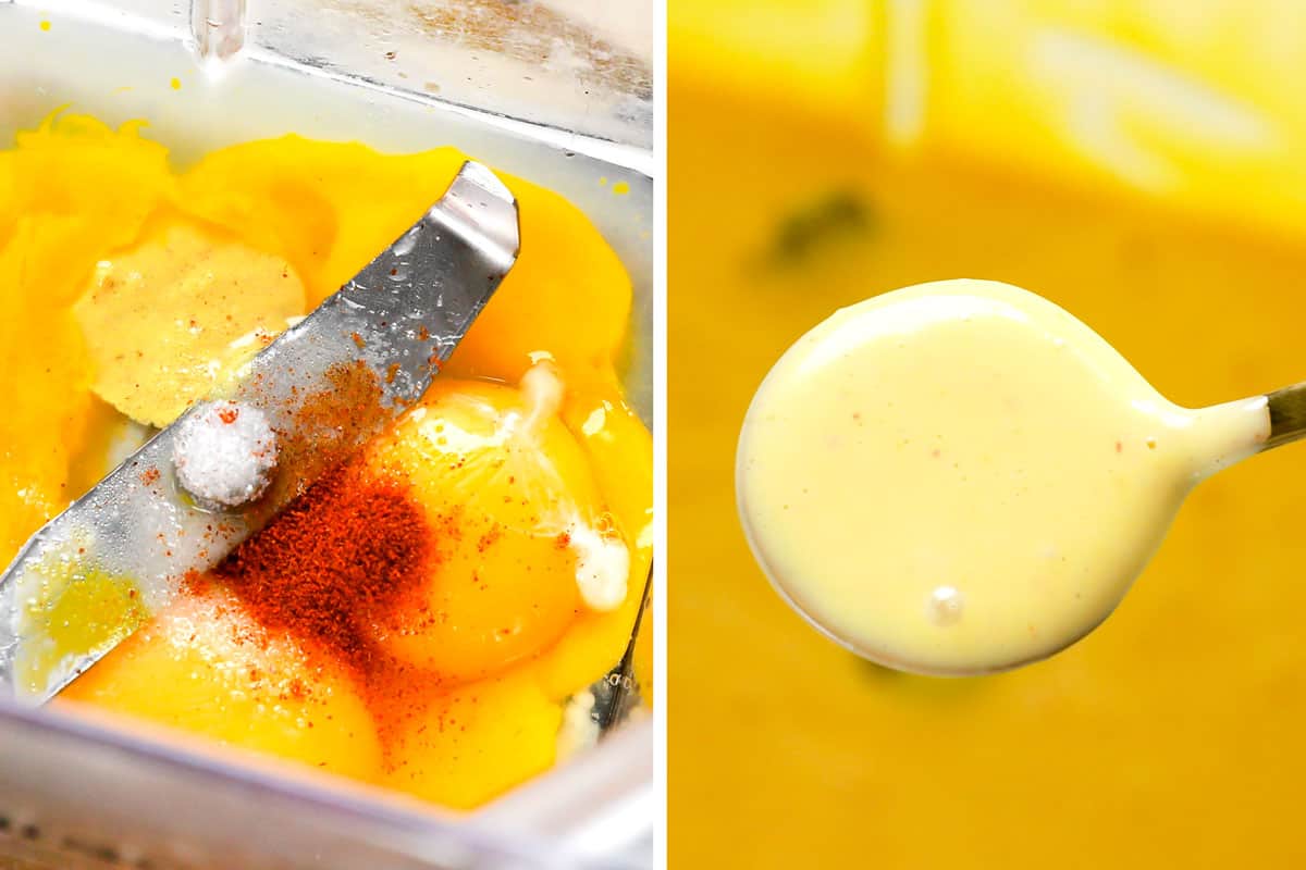a collage showing how to make Eggs Benedict by making hollandaise sauce in a blender