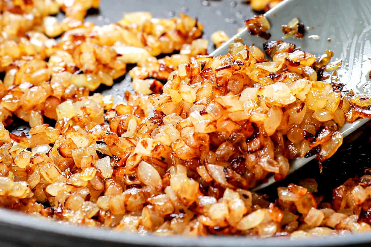 showing how to make pierogi sauce by caramelizing onions