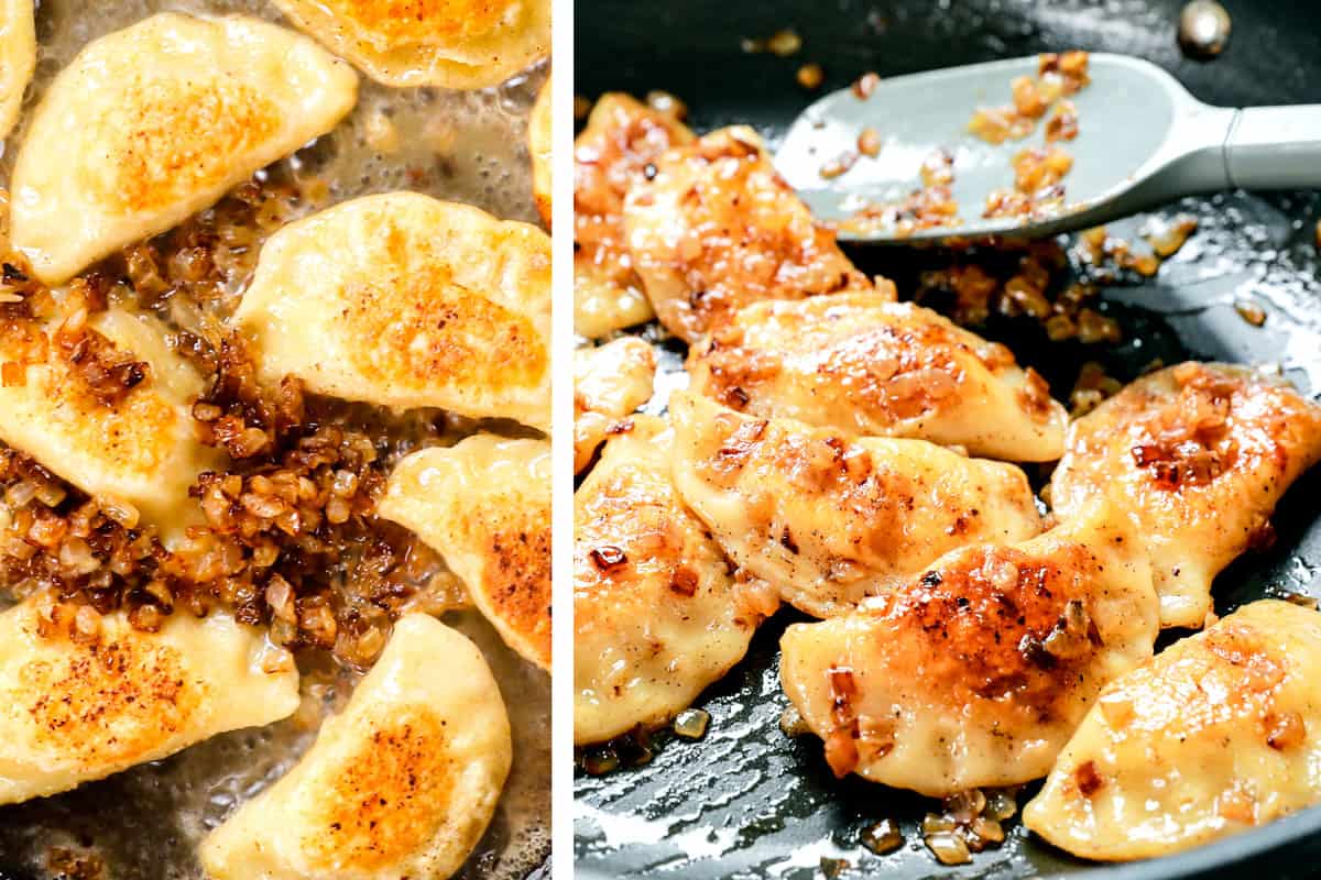 a collage showing how to make pierogi by tossing with pierogi sauce with butter and onions