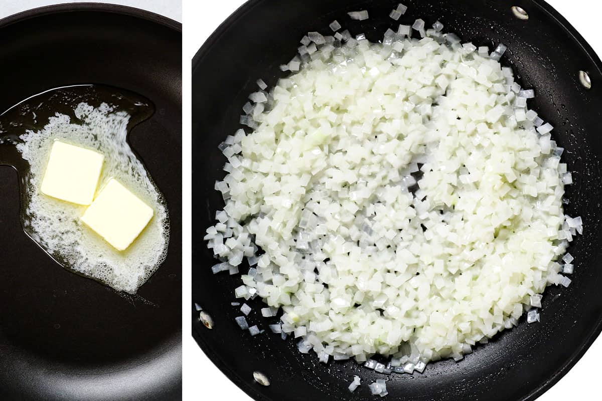 showing how to cook fried rice by melting butter, then adding onions and cooking until softened