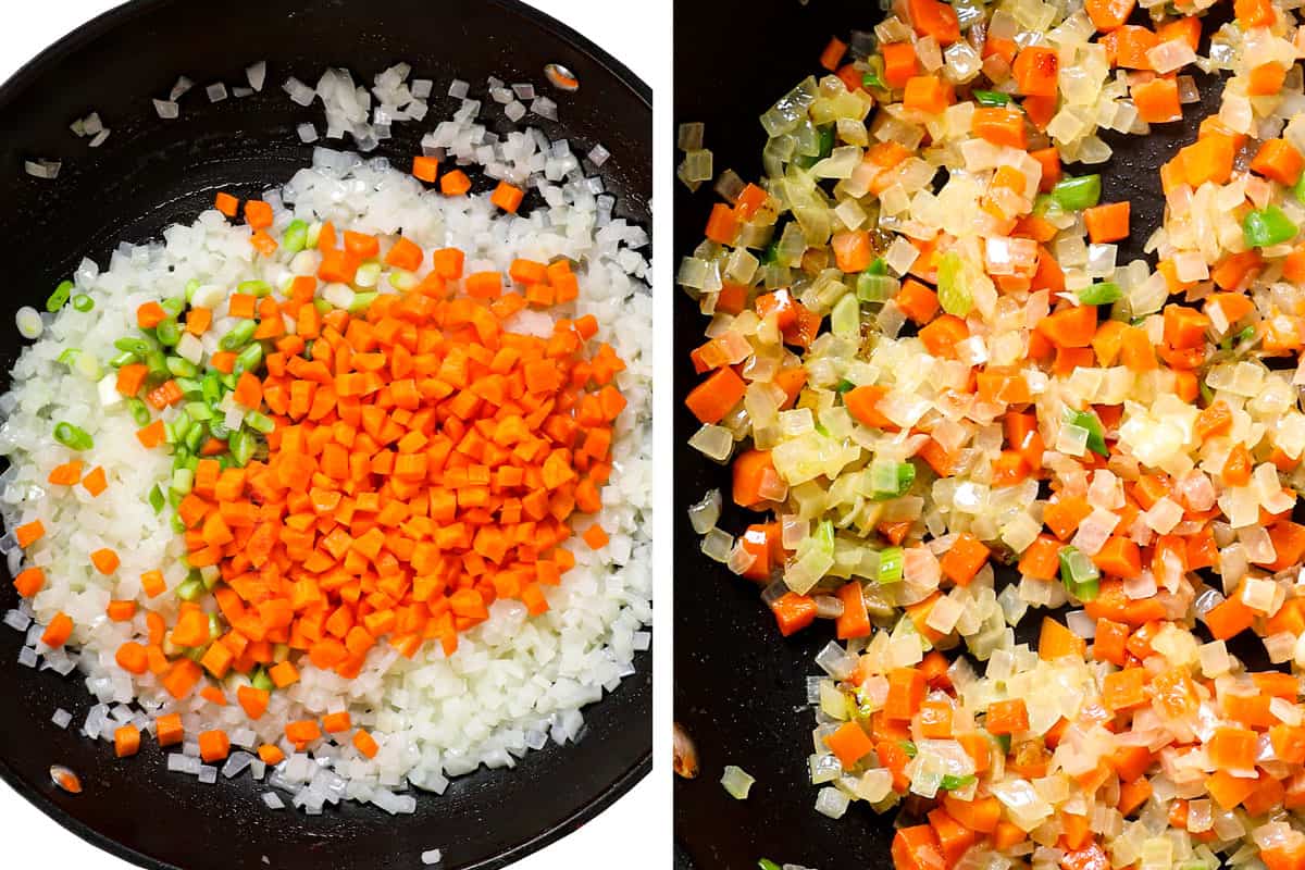 a collage showing how to cook fried rice by adding carrots and white parts of green onions and stir frying 