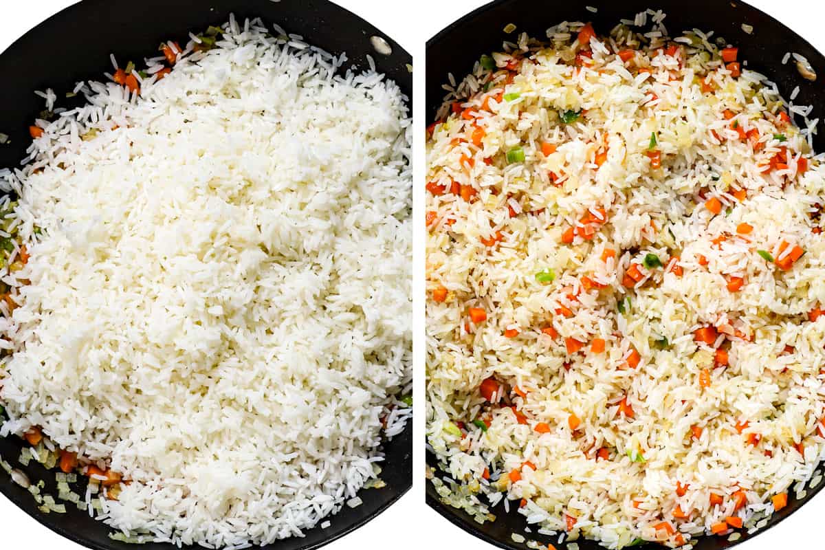 a collage showing how to cook fried rice by adding rice and stir frying for one minute
