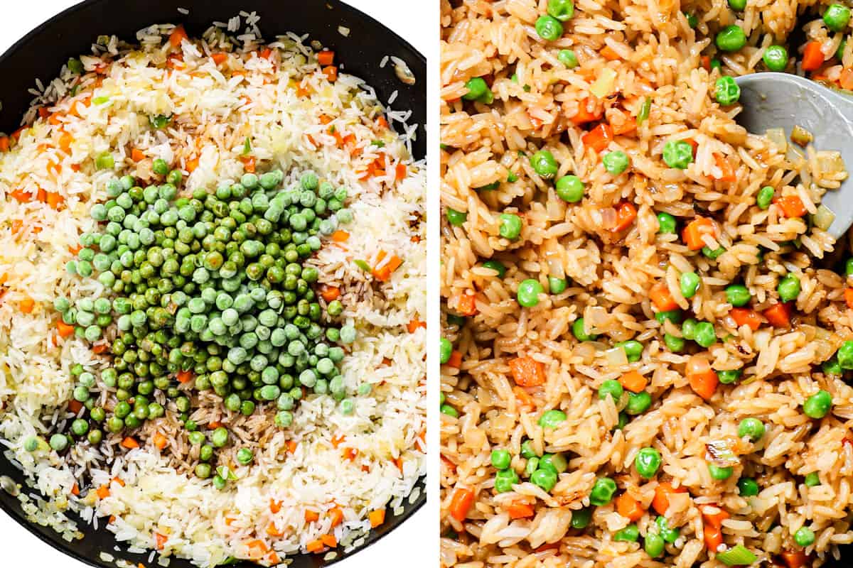  a collage showing how to cook fried rice by adding rice and stir frying to combine