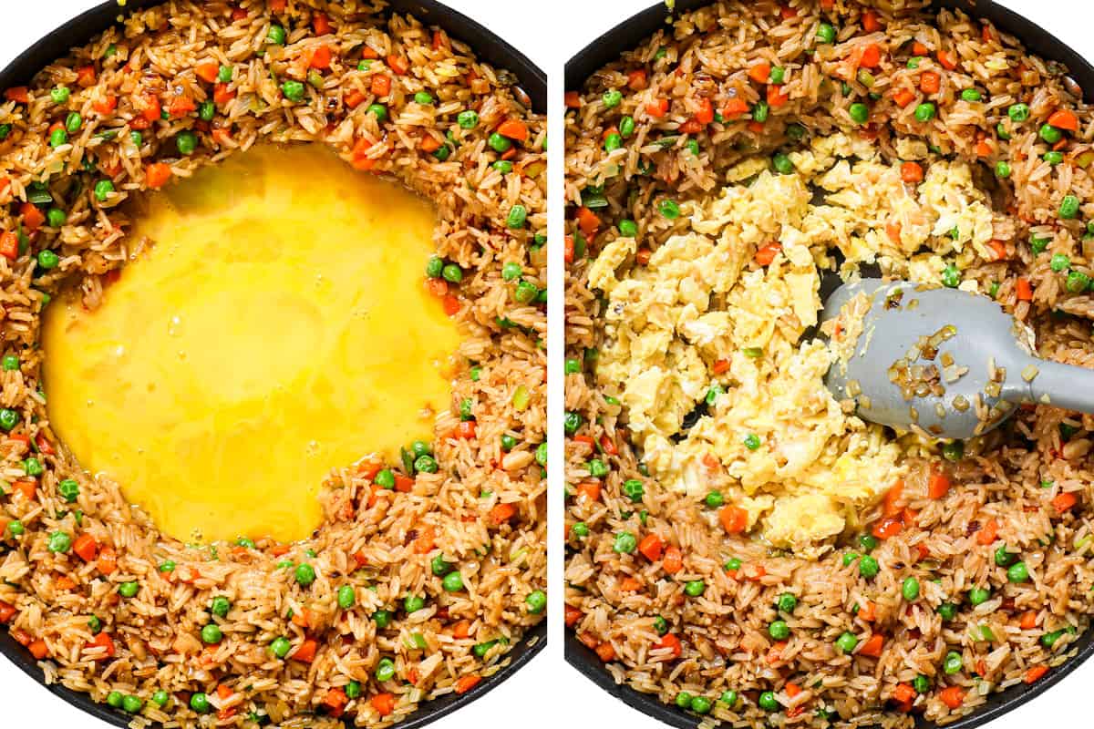 a collage showing how to cook fried rice by adding eggs to the center of the pan, then scrambling until set