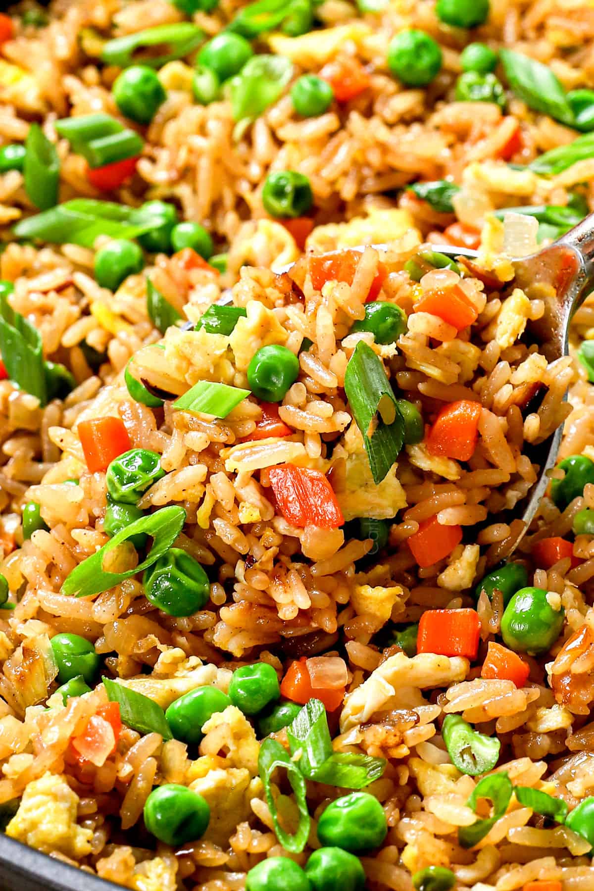 up close of a spoonful of fried rice recipe easy showing how fluffy the rice is