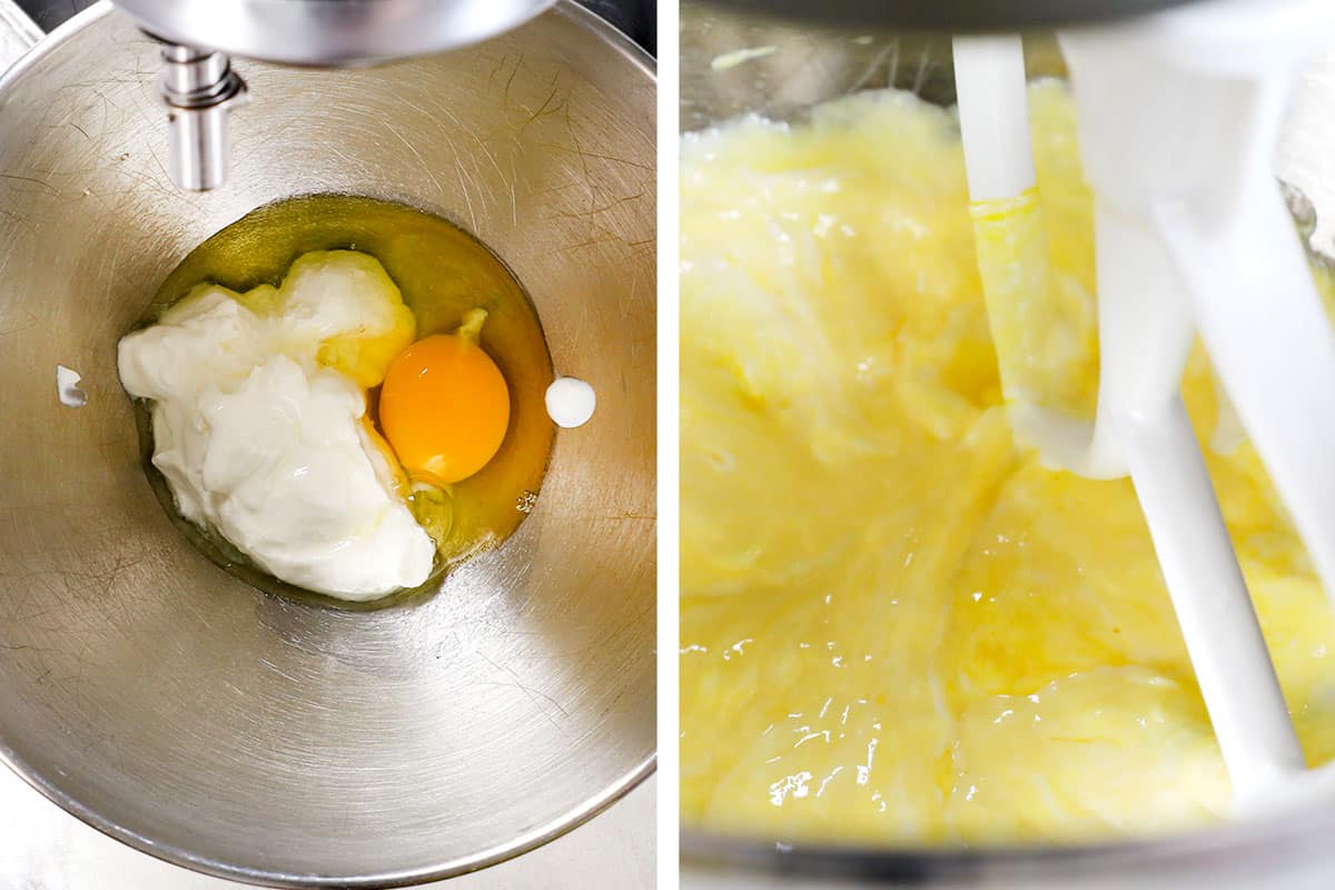 a collage showing how to make pierogi by mixing eggs, sour cream and flour together in a mixing bowl to make pierogi dough