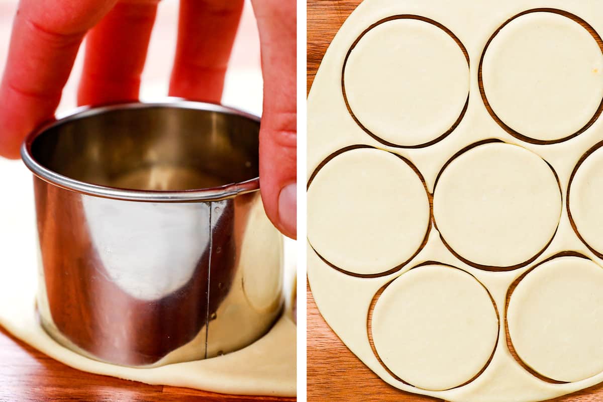 showing how to make pierogi by cutting circles in pierogi dough with a biscuit cutter