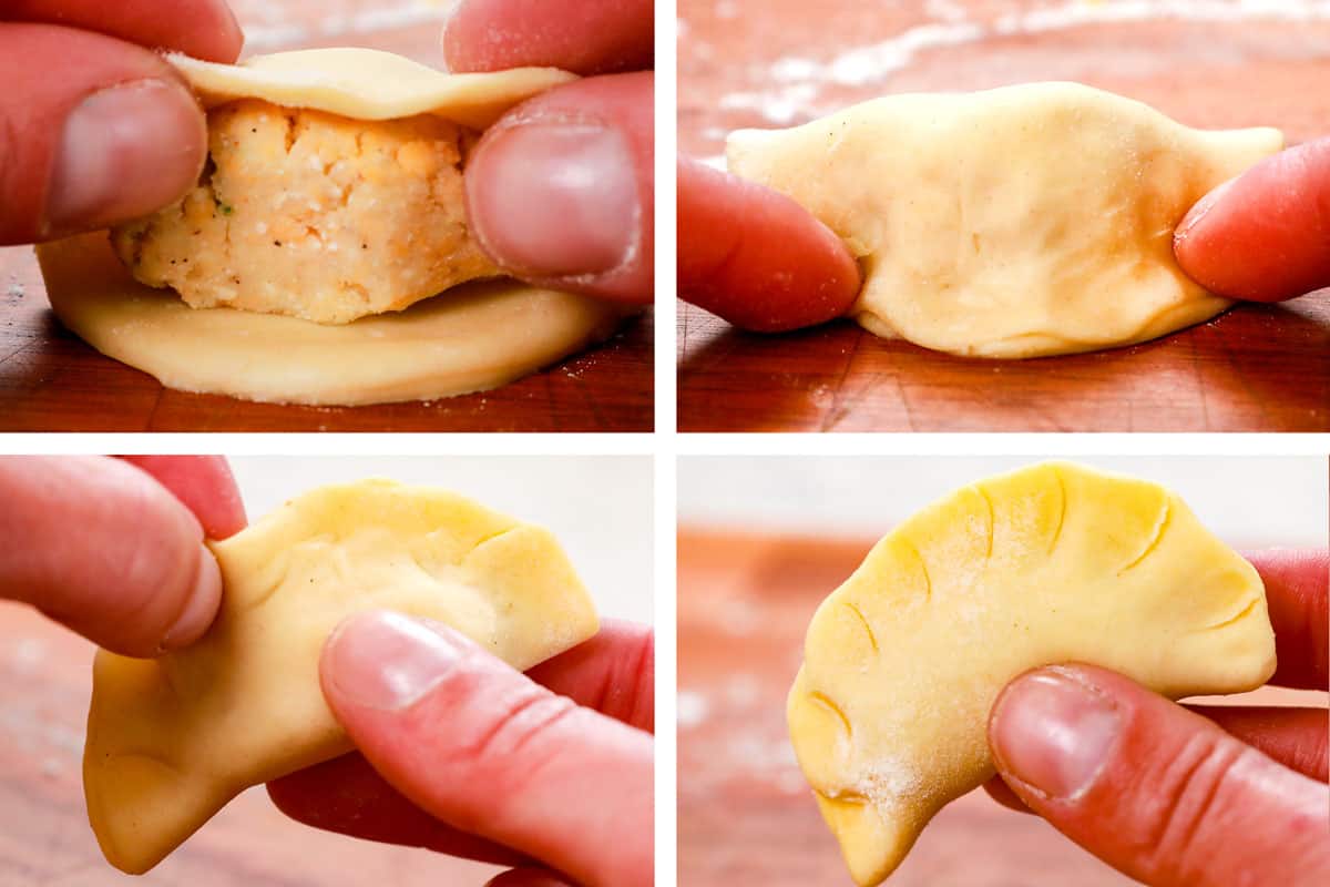 a collage showing how to make pierogi by folding dough over the filling, then crimping the edges with fingers