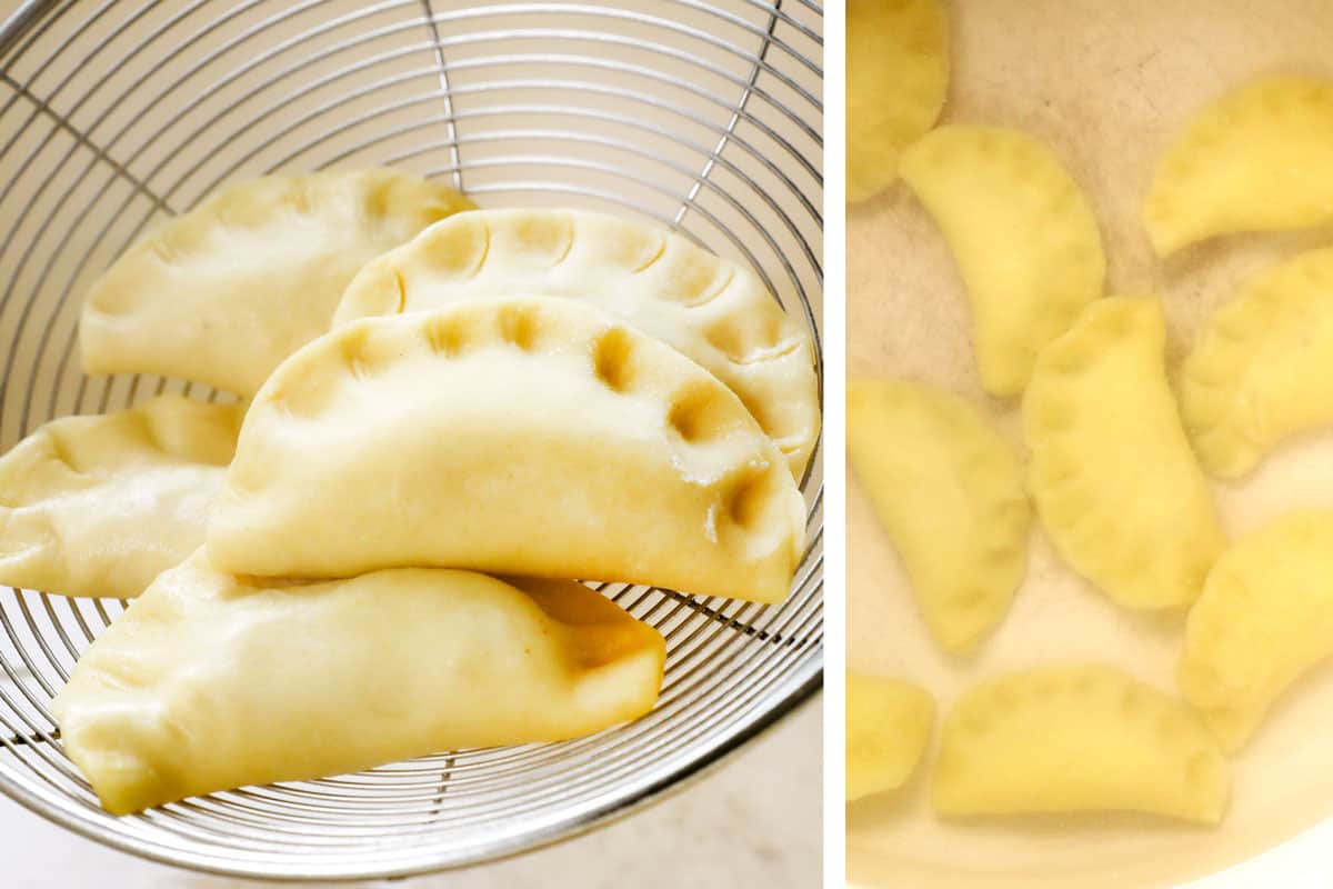 a collage showing how to make pierogi by adding to boiling water to cook