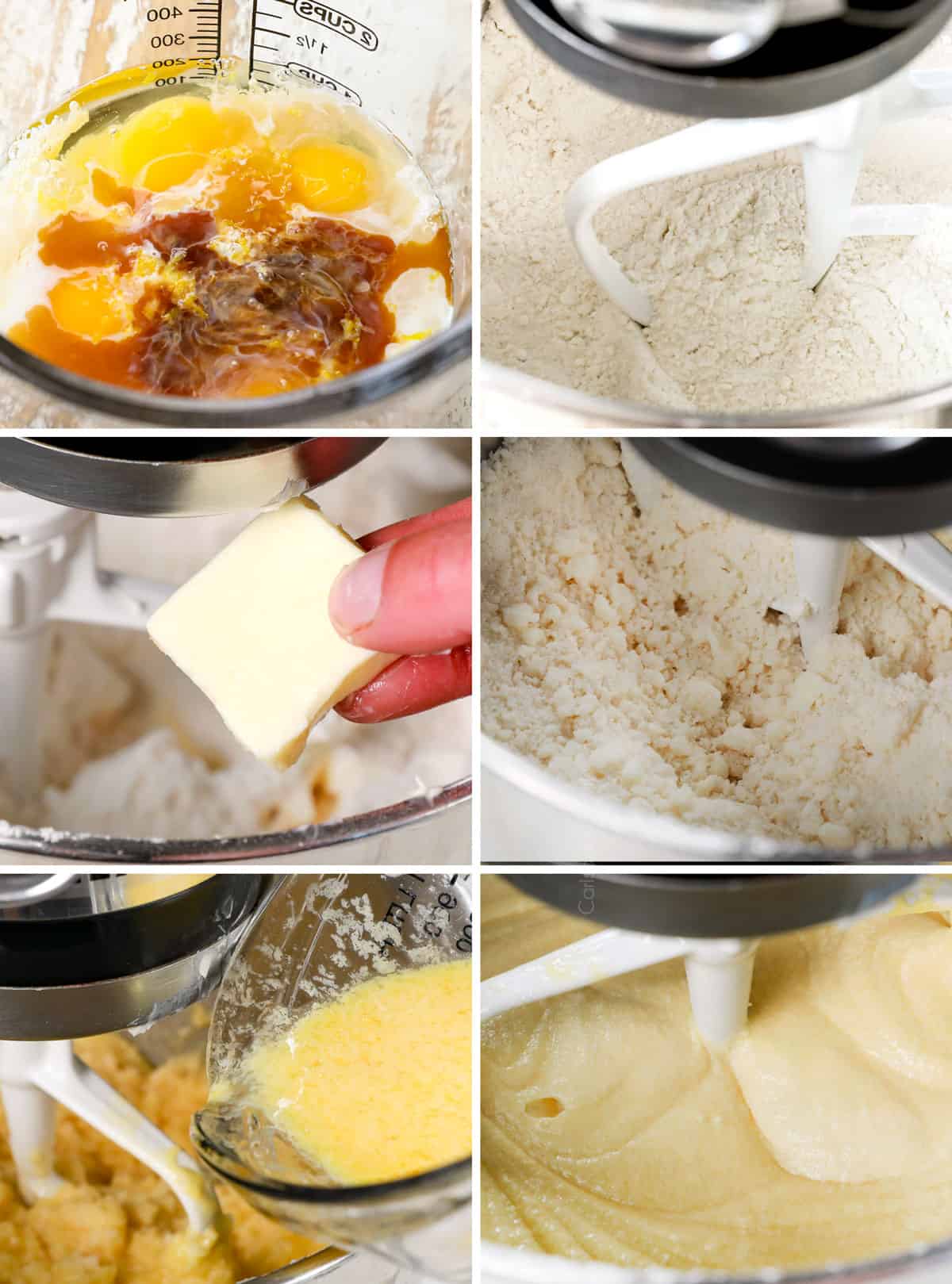a collage showing how to make Chantilly cake recipe by 1) whisking wet ingredients together in a liquid measuring cup, 2) whisking dry ingredients together, 3) creaming butter and sugar, 4) beating in liquid measuring ingredients, 5) beating until fluffy