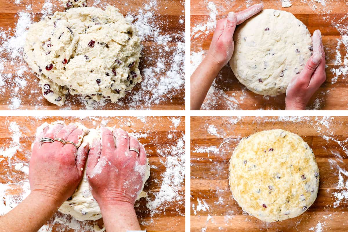 a collage showing how to make Irish soda bread by kneading then forming into a ball