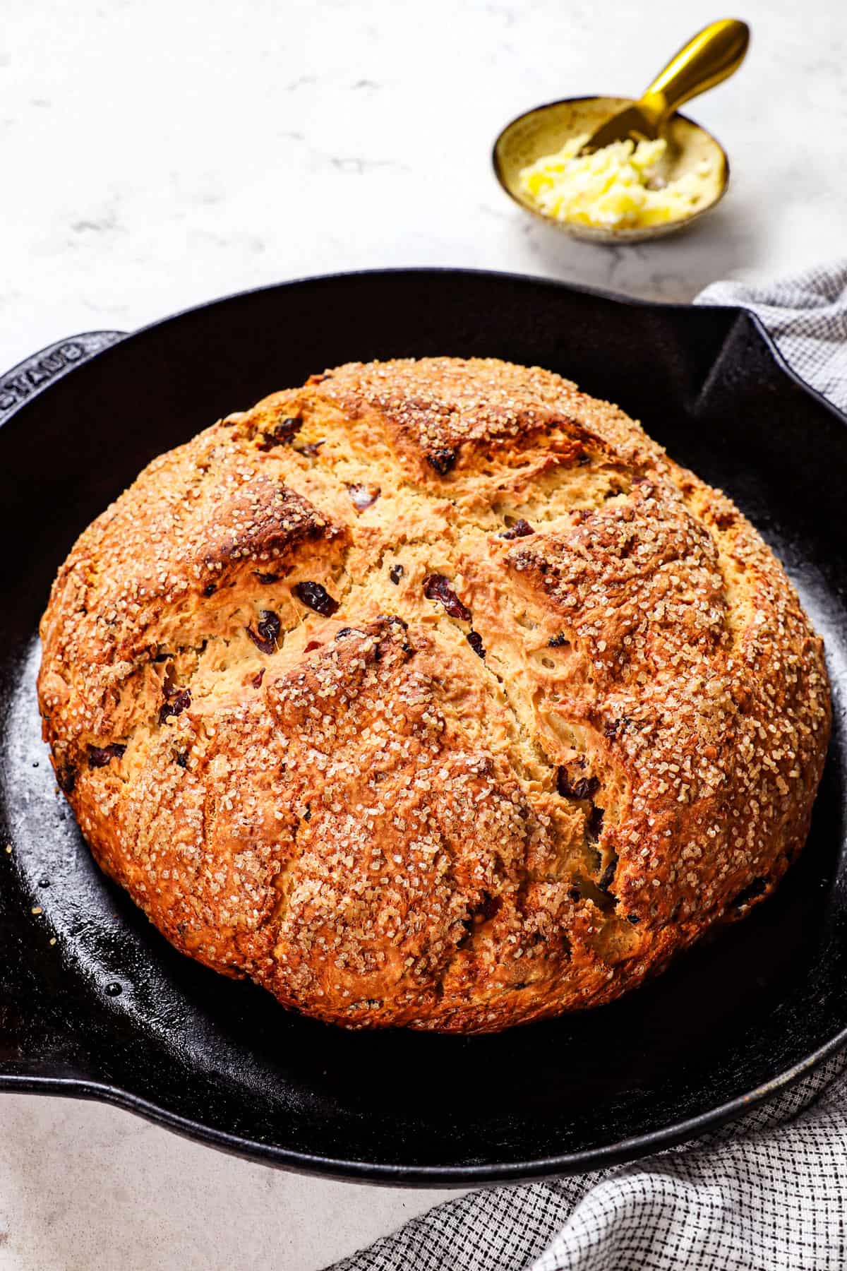 showing how to make Irish soda bread by cooking in a cast iron skillet