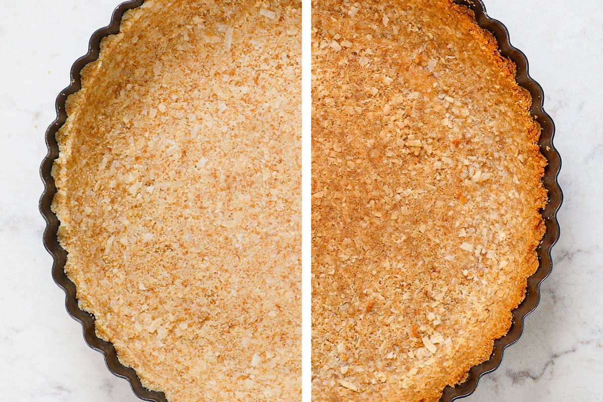 showing how to make lemon pie by pressing crust into a pie pan then baking