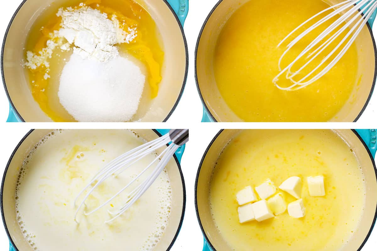 a collage showing how to make lemon pie recipe by whisking together lemon juice, lemon zest, cornstarch and sugar in a saucepan, then adding milk, then adding butter