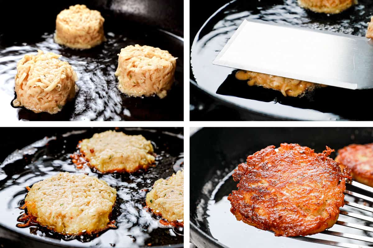 a collage showing how to make potato pancakes by adding the batter to the simmering oil, flattening with a spatula, cooking until golden, then flipping 