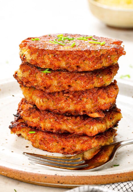a stack of potato pancakes showing how thick and fluffy they are