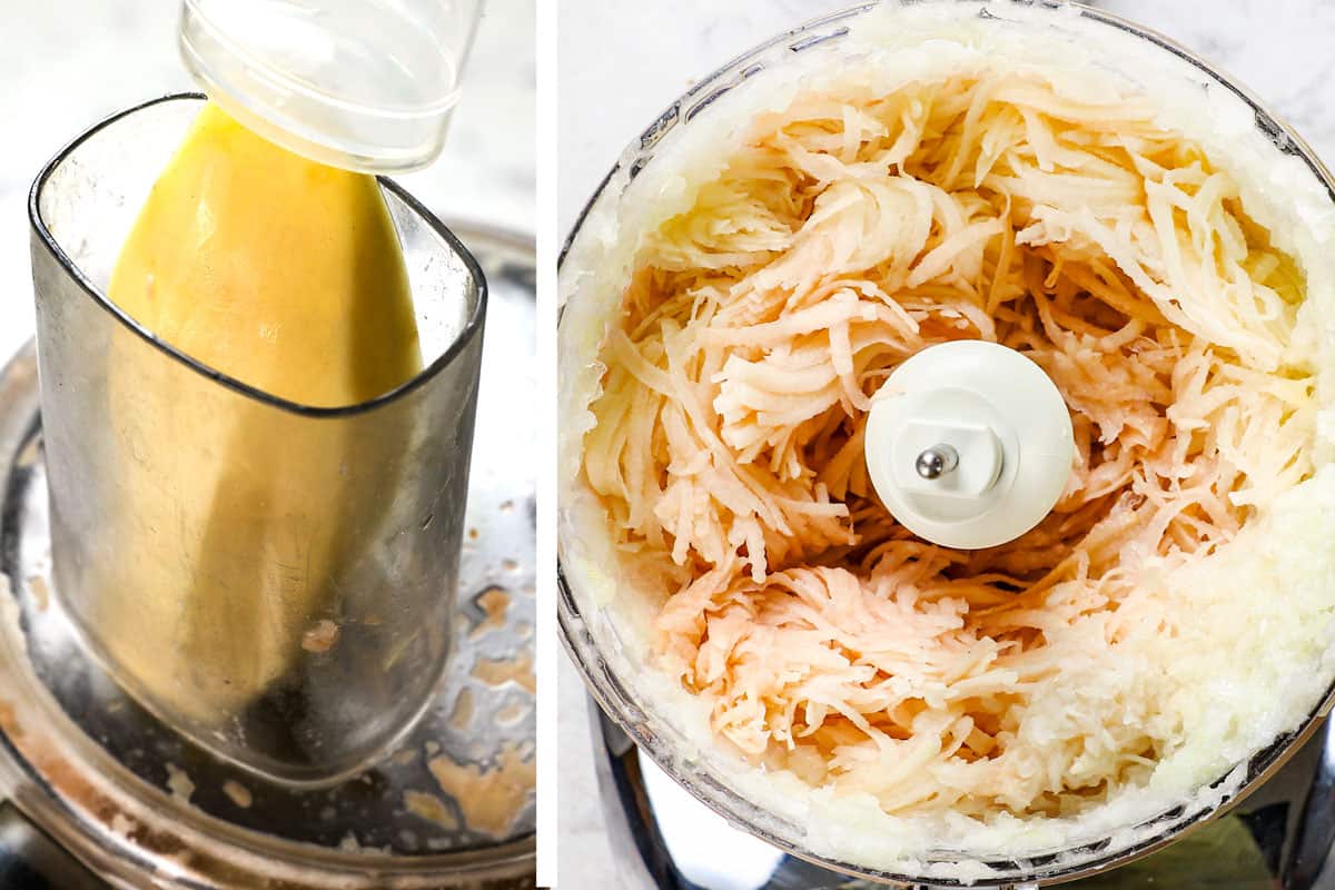 showing how to make potato pancakes by shredding potatoes by using a food processor
