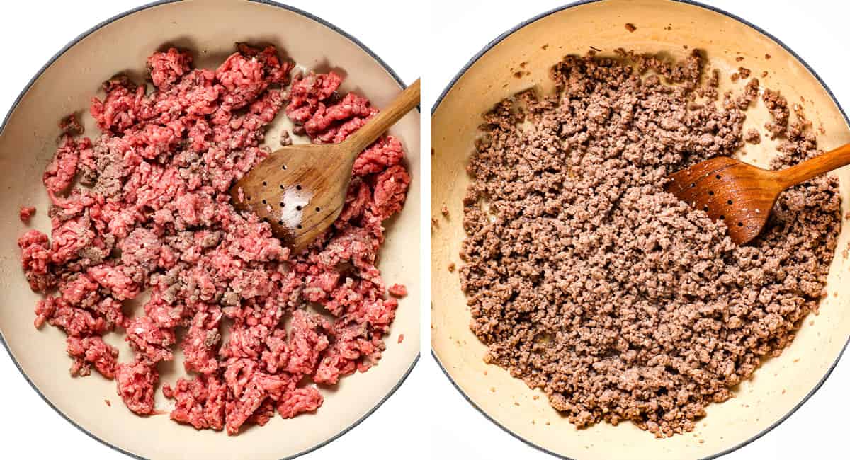 a collage showing how to cook taco meat by browning in a skillet, breaking up clumps as it cooks