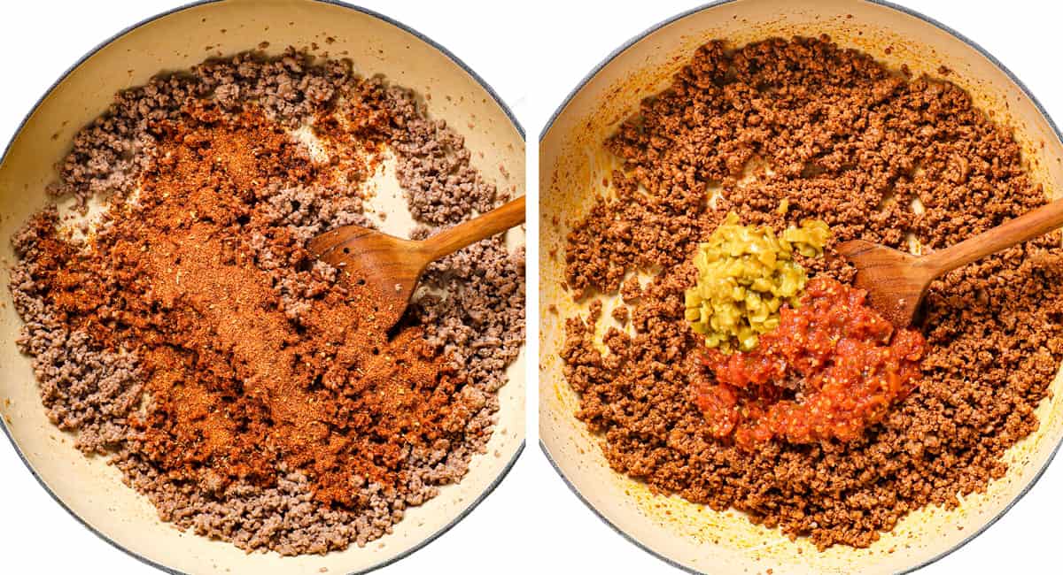a collage showing how to cook taco meat by adding taco seasoning, salsa and green chilies