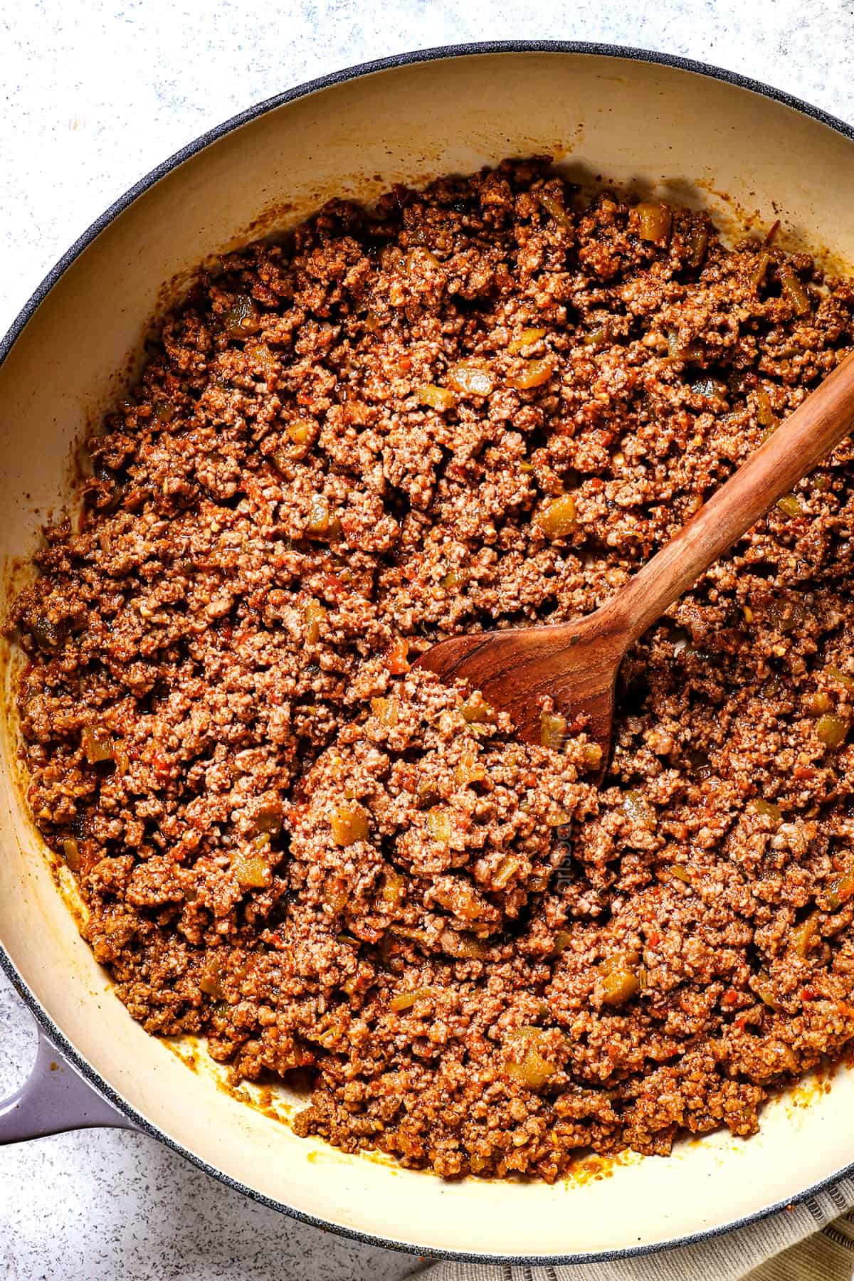 top view of best taco meat recipe in a pan showing how juicy it is