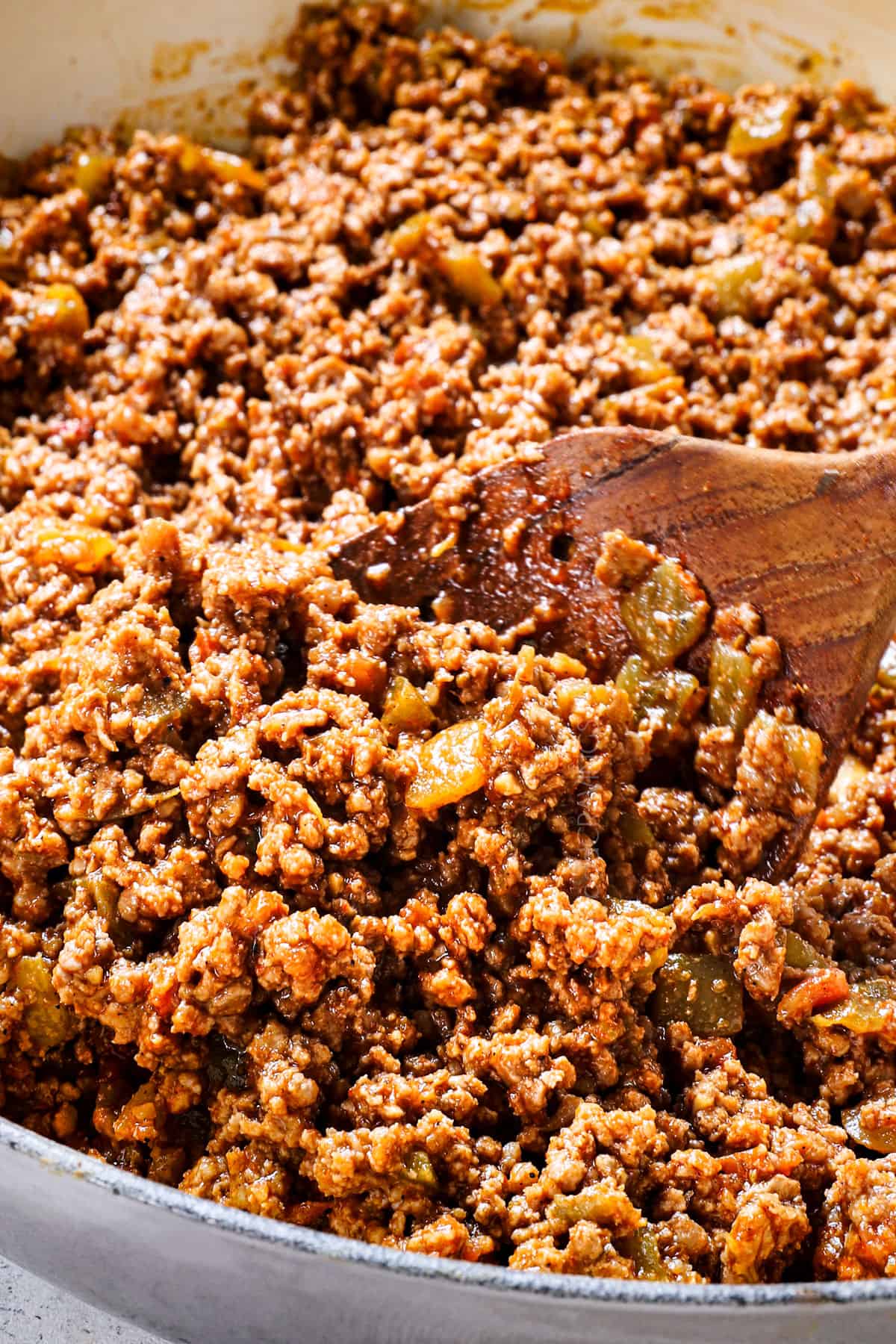 up close of taco meat in a pan showing the texture