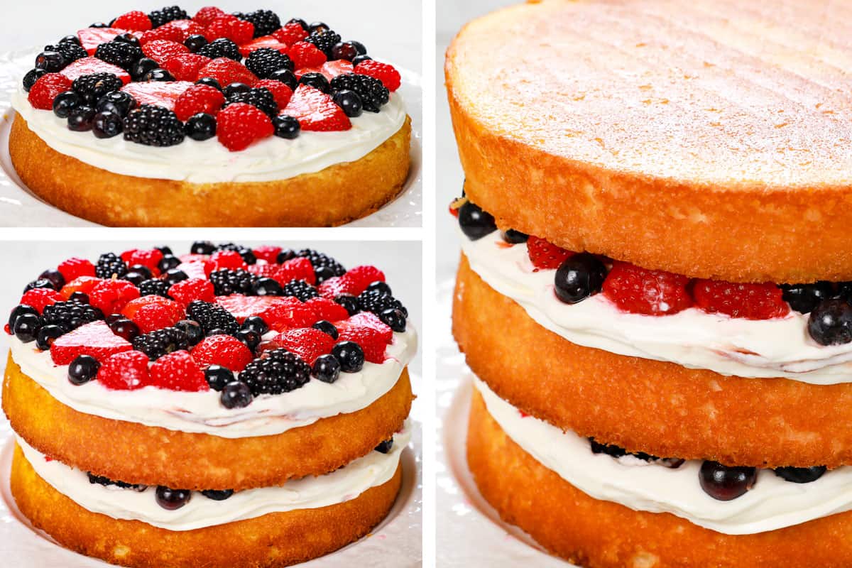 a collage showing how to make a Chantilly cake by showing three cakes layered with Chantilly cream and berries