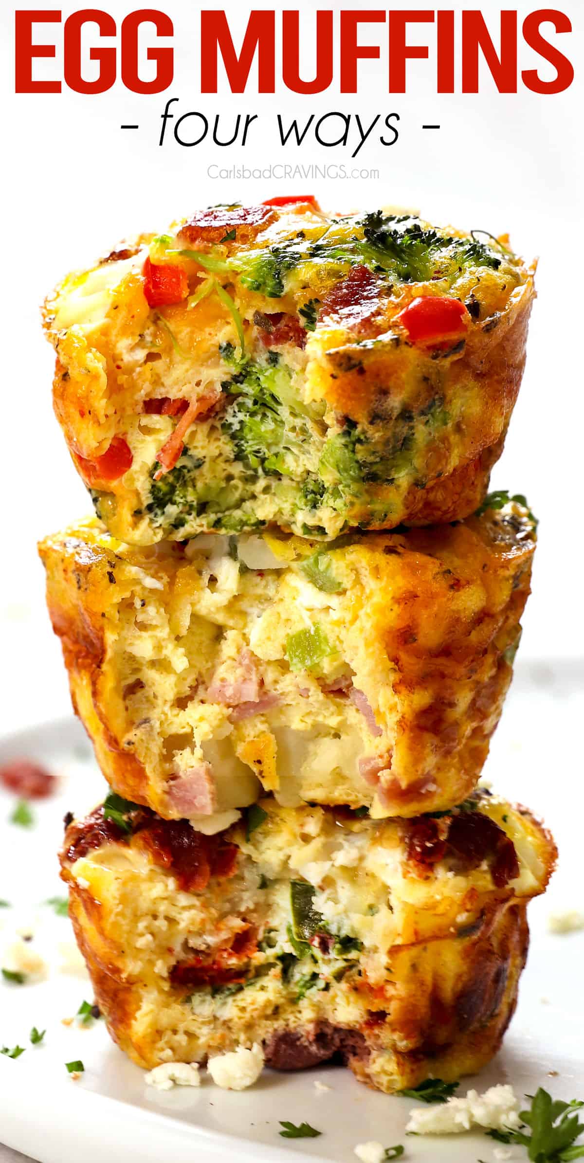 egg muffins with bites taken out stacked showing the add-ins