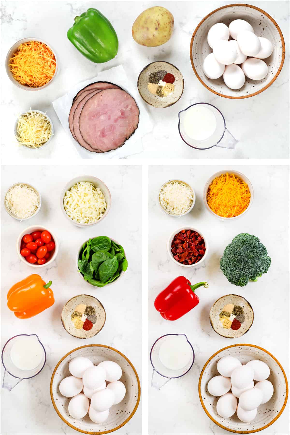 top view of ingredients for egg cups: eggs, ham or bacon, bell peppers, broccoli, potatoes and cheeses