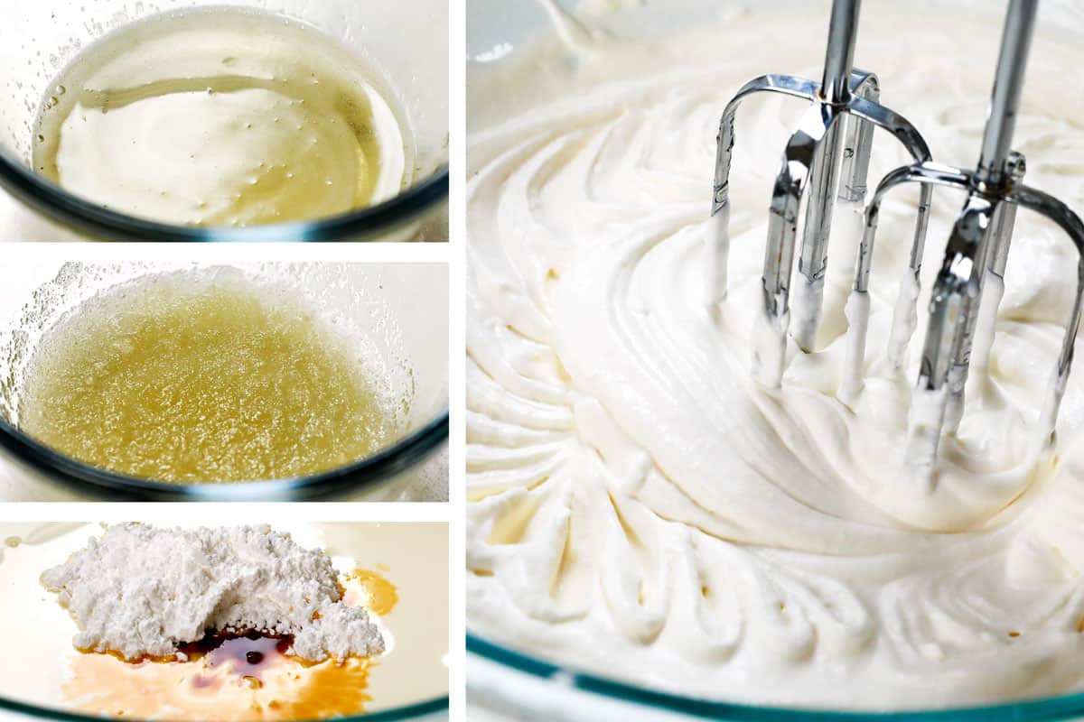 a collage showing how to make lemon pie by adding water to gelatin and microwaving, adding heavy cream, sugar and vanilla to a bowl and whipping to stiff peaks, then adding gelatin