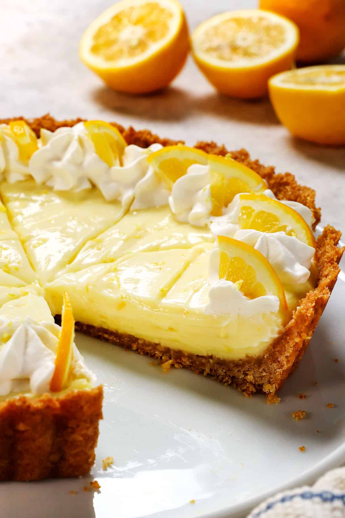 up close of serving a slice of lemon cream pie recipe