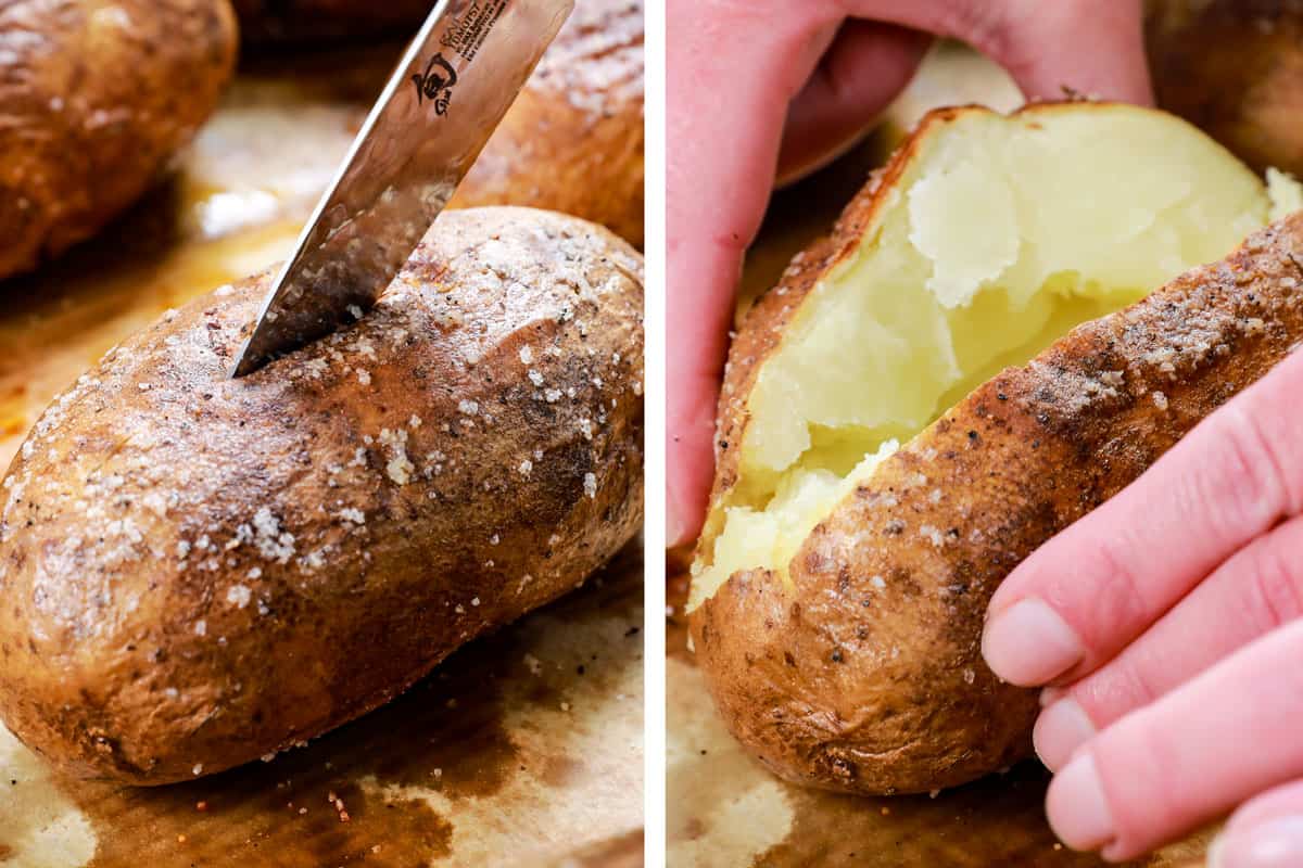 showing how to make a baked potato in the oven by slicing the potato down the center, then opening