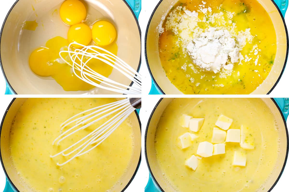 a collage showing how to make Key lime pie recipe by whisking together key lime juice, lime zest, cornstarch and sugar in a saucepan, then adding heavy cream, then adding butter