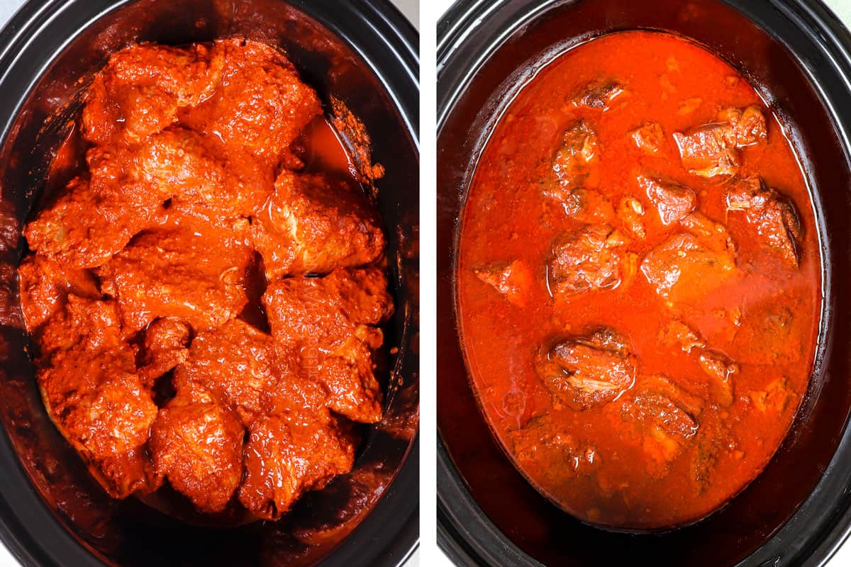 a collage showing how to make cochinita pibil by adding the pork to the slow cooker and cooking until tender 