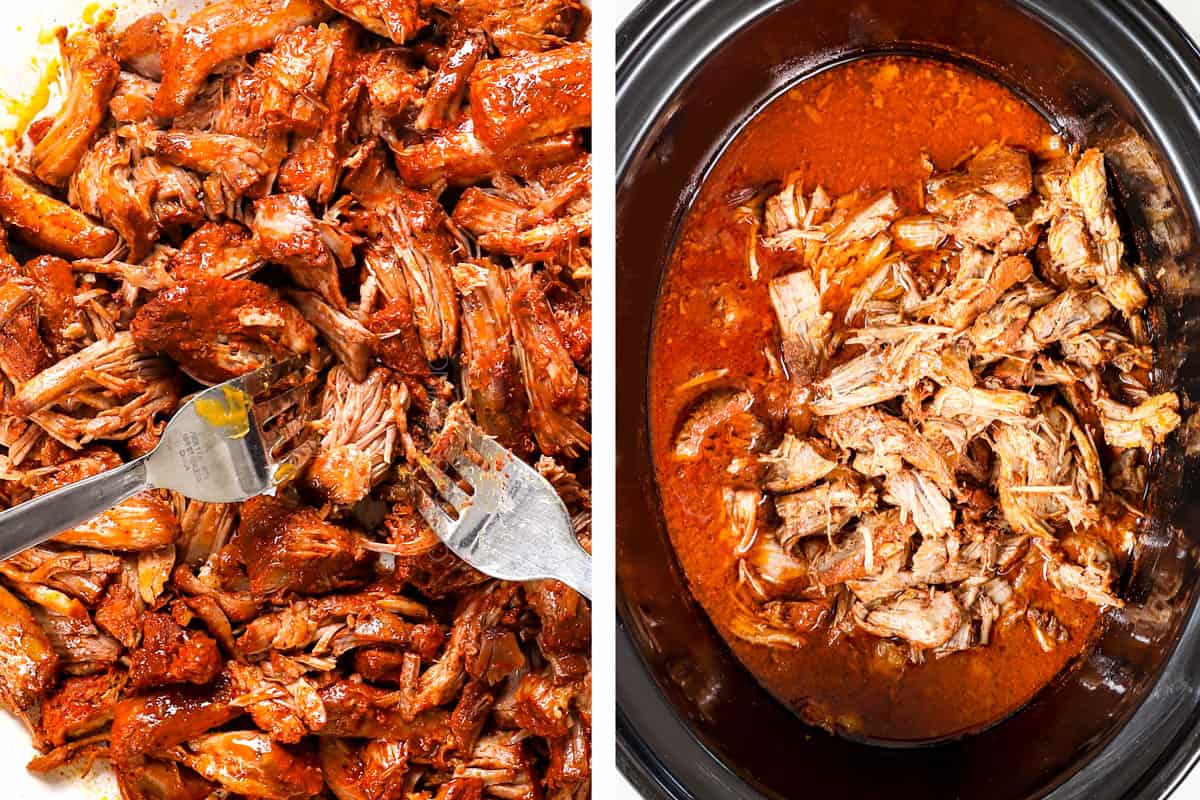 showing how to make cochinita pibil by adding the shredded pork back to the slow cooker to soak up the juices