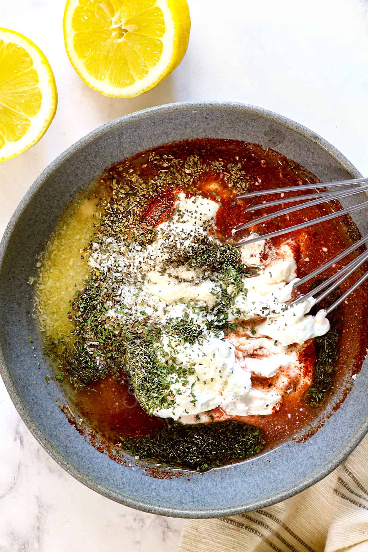 top view showing ingredients for Greek salad dressing