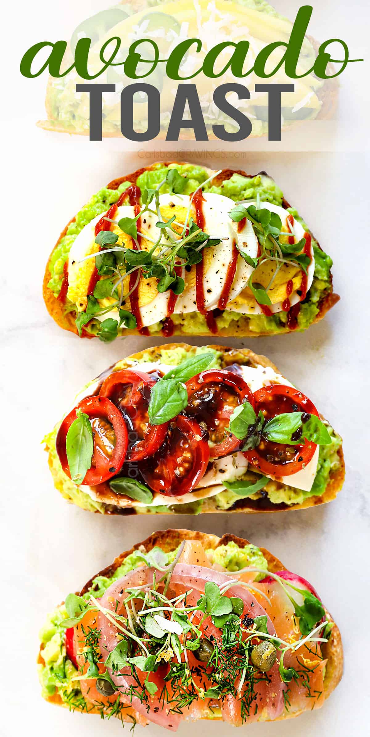 top view of best avocado toast with various toppings